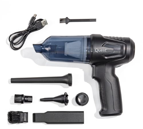 Quest Handheld Car Vacuum & Blower with 6 Attachments / 12000Pa High Power Suction/HEPA Nano Filter/Compact Cordless Design/USB Charging/Inflate Airbeds