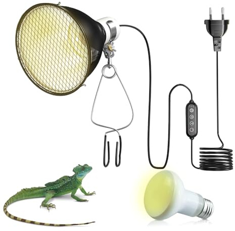SKIKHN Reptilien Wärmelampe Terrarium, Wärmelampe Schildkröten Schirm mit Aufhängeclip, Dimmer, Zeitschaltuhr & 75W lampe, E27 Reptilien Terrarium Dome Lampen für Terrarien, Aquarien