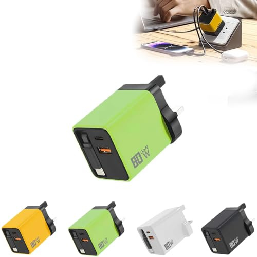 3-in-1 Charger 80W Max | Retractable Type-C Cable & Dual USB Ports, Fast Charging Module for Laptop, Phone, Tablet - Travel & Daily Use (Green)