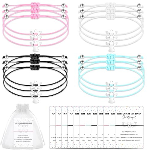 ElaDüne 12 Schutzengel Armbänder Set mit Karte und Organzabeutel Glücksarmband Freundschaftsarmband Geschenk für Geburtstag, Weihnachten Prüfungen Verstellbares Schutzengel Armbänder