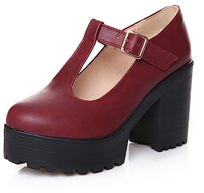 Mary Jane Chaussures à plateforme gothique pour femme - Escarpins à talon bloc - Talons hauts épais - Sangle en T - Boucle - Sandales à lanières - Talon bloc - Chaussures simples, rouge, 40 EU