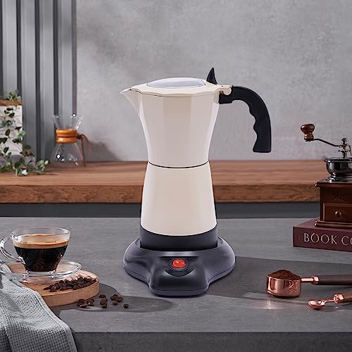 Fornello elettrico per caffè espresso con base, per 6 tazzine da caffè da 300 ml, 480 Watt, base in lega di alluminio, rotazione a 360°, piccola caffettiera con piastra elettrica (bianco crema)