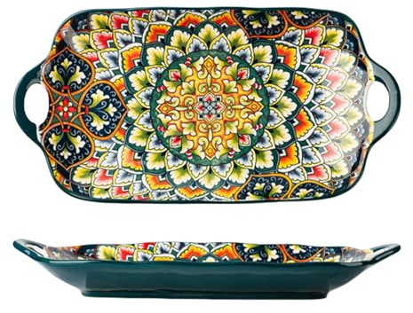 Mafagwre Porcelain Serving Platters with Handles, Bohemian Ceramic Plate, 12 Inch Rectangle Large Serving Plates, Appetizer Plate, Sushi Platters with Handles, Corlorful Serving Bowls for Kitchen (B)
