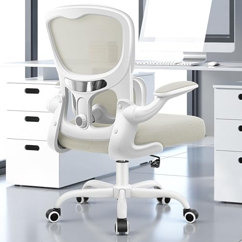 ALLGOD Ergonomic Office Chair, Breathable Mesh Ergonomic Desk Chair with Adjustable Lumbar Support, Flip-up Armrests, Computer Chairs Comfortable for Home, Office, Work, 300lbs, White
