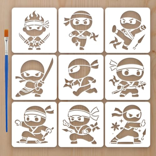 FINGERINSPIRE 9 Styles Cartoon Ninja Muster Schablonen Mit Pinsel 15x15cm Ninja Charakter Malvorlagen Haustier Charakter Themen Vorlage Zum Malen Auf Holz Boden Fliesen Wand Stoff