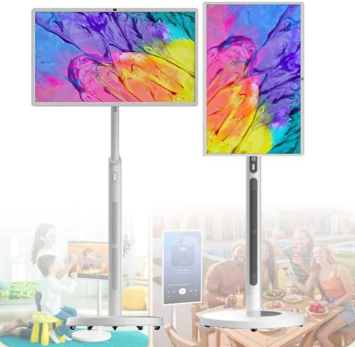 32 inch Portable Smart Tablet TV on Wheels with Full HD Rolling TouchScreen Monitor and Tablet in one, (8GRAM+128GB), Android 13,(5-8-Hour)Battery, Full Swivel Rotation, Remote Control White
