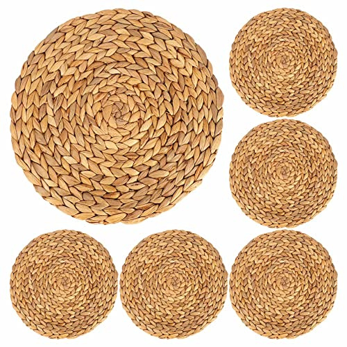 Aboiledy 6 Pcs Round Woven Placemats, 30cm Water Hyacinth Woven Rattan Placemats, Handcrafted Woven Tableware Mat, Round Wicker Table Mats for Dining Table, Home, Party, Wedding