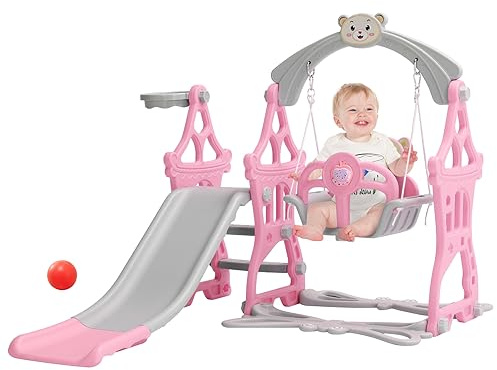 FUKEA 4-in-1 Toddler Slide and Swing Set with Storytelling Machine, Basketball Hoop & Climbing Frame, Indoor Outdoor Large Garden Slide for 1-3 Years Old Kids (Pink Slide With Storytelling Machine)