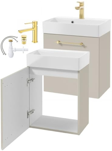 DomoDomo - Meuble de toilette pour invités avec meuble bas 50 x 30 cm – Petit lavabo avec meuble bas en cachemire mat – Meuble de salle de bain pour invités WC suspendu avec lavabo en céramique