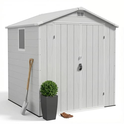 JUMMICO 1.8m x 1.8m Gartenhaus Kunststoff, 185x178x210 cm Gerätehaus mit Stabiler Bodenplatte & abschließbarer Tür, 6,9m³ ahrradschuppen oder Werkzeuglager, Hellgrau