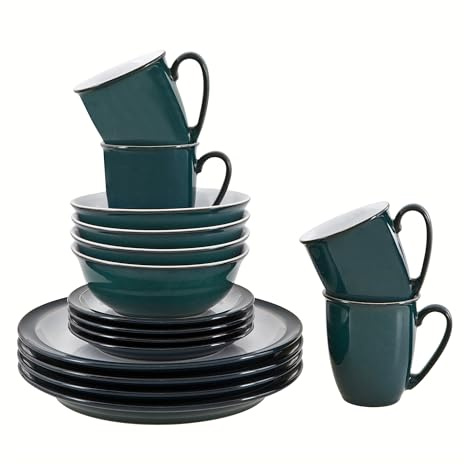Denby - Greenwich Dinner Set For 4 - 16 Piece Tableware Green, White - Dishwasher Microwave Safe Crockery - 4x Dinner Plate, 4x Small Plate, 4x Cereal Bowl, 4x Coffee Mugs - Chip, Crack Resistant