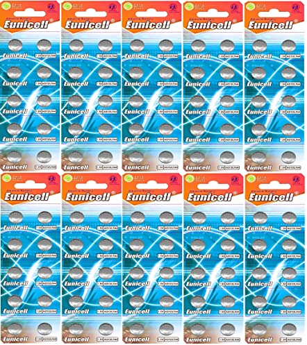 100 x AG13 quecksilberfrei LR44 G13 A76 GP76A 357 SR44W (10 Blistercards a 10 Batterien) EINWEG Markenware Eunicell