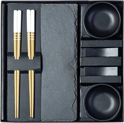 JADE TEMPLE Sushi Set für zwei Personen - Schieferplatte, Schüssel, Bank, Essstäbchen, Schwarz