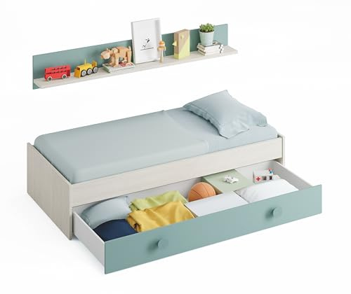 Habitdesign Cama Nido Juvenil Kendra, Conjunto 2 Camas + Estante de Pared, Dormitorio Infantil para Niños, Color Blanco Alpes y Verde Acqua, Medidas: 201x43x98 cm