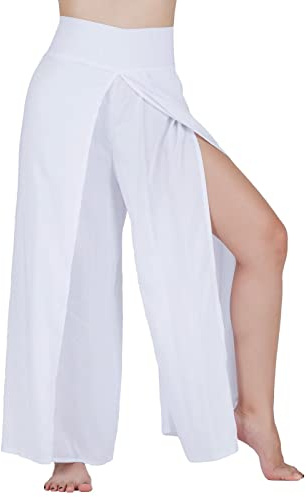 Lofbaz Slit Leg Palazzo Pantalones de Yoga para Mujeres niñas Maternidad Verano Playa Pantalones de Cintura Alta Boho Harem Color Sólido Blanco L