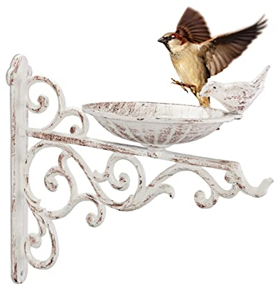 Relaxdays Vogeltränke Gusseisen, Wandmontage, wetterfest, Vintage Vogelbad Wildvögel, Gartendeko, HBT 24x28x14 cm, weiß