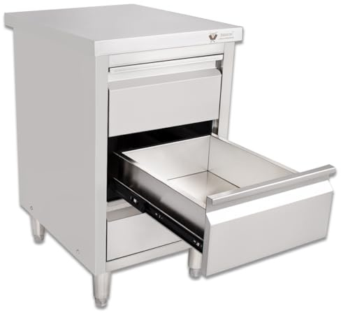 Beeketal 'BSS-60' Gastro Küchenschrank Edelstahl mit Schubladen (B/T/H) ca. 50 x 60 x 85 cm, Schubladenschrank mit 3 Schubladen, Arbeitsfläche und fein justierbaren Standfüßen