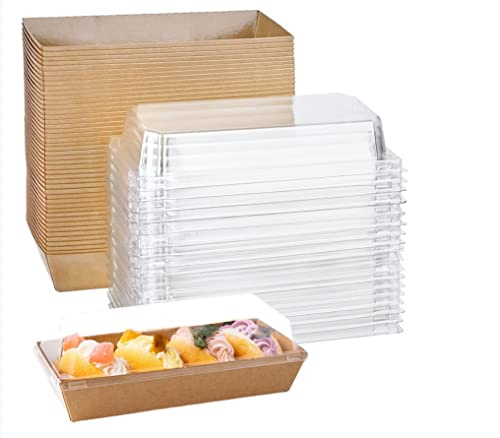 50 Pack Paper Charcuterie Boxes with Clear Lids, Brown Disposable Food Containers Bakery Boxes for Sandwich,cake roll, Hot Cocoa Bombs, Strawberries, Cookies 19x8.5x6cm