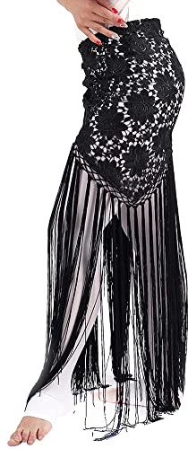 GUOCU Mujer Triángulo de Flecos con borlas largas de Encaje Traje de Danza del Vientre Ropa de Práctica Falda de Baile Flamenco Bufanda de la Cadera Bordado Caderas Bufandas Negro M