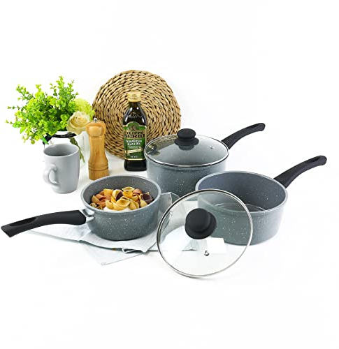 URBN-Chef 3 Pc Forged Carbon Steel Marble Grey Non-Stick Saucepan Pot & Pan Set