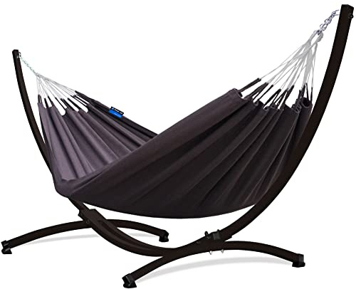 Potenza Outdoor Hängematte mit Gestell für 2 Personen I Medelin - 100% Baumwolle Doppelhängematte 220x140, 160kg I Hängemattengestell 220kg, wetterfest (Caffee, Gestell Braun)