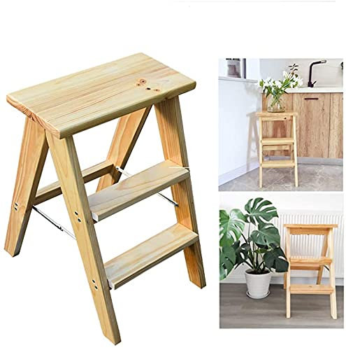 XYGCSLHFMJ Step Stools,Ladder Chair, Household Solid Wood Folding 3-Step Ladder, Multifunction Step Stool Stair Chair Indoor Climb, Color: Wood Color, Vintage Color,Wood Color