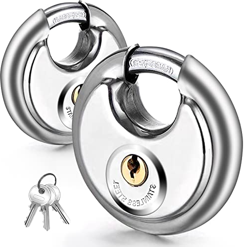 Vervida® Keyed Padlock, 2 Pack Stainless Steel Discus Lock Heavy Duty with 6 Keys, Disc Lock 3/8 Inch Shackle Waterproof and Rustproof for Storage Warehouse, Garage, Storage Outdoors (Keyed Different)
