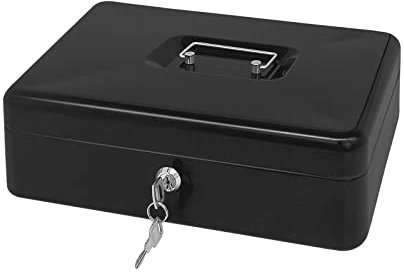 Steel Cash Box with Key Lock, Metal Small Money Organizer with Money Tray,Cash Storage Box with Lockable Cover (Black-30 * 24 * 9 CM)
