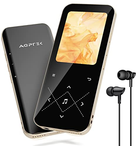 AGPTEK Upgrade 32GB + 64GB Speicherkarte MP3 Player Bluetooth 5.3, HiFi Sound Musik Player mit 2,4 Zoll TFT Farbbildschirm, Kopfhörer, Touch-Tasten, Schwarzgold