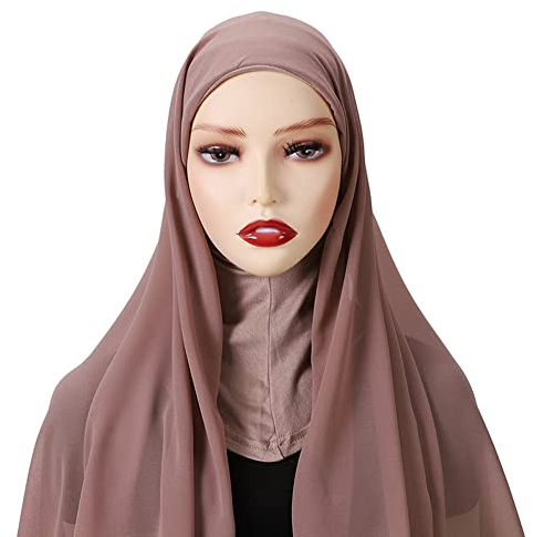 Herbests Hijab Kopftuch Damen Muslimisch,Einfarbiger Chiffon Hijab Kopftuch Schal Chemo Bandana mit integrierter Mütze islamische Stretch-Turban für Frauen Langer Schal Kopfbedeckung für Frauen,Braun