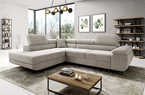 Easy4You Ecksofa Creme Avatar Kord L-Form – 277x73x203 cm - Schlafsofa mit Bettkasten und Schlaffunktion - Eckcouch mit Stauraum – Links – Stoff Kord POSO 100