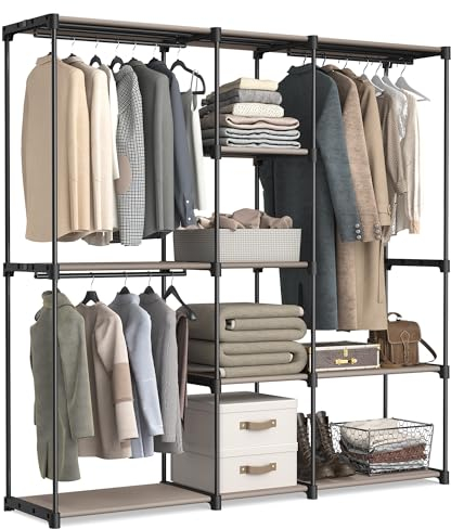 SONGMICS Bärbar öppen garderob, klädställ, fristående garderob med klädskenor och tyghyllor för sovrum, 182 x 43 x 182 cm, Taupe RYG037R02