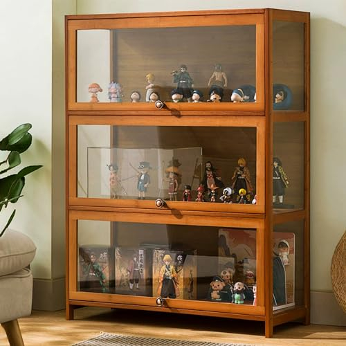 SAHUL Curio-Schrank, Vitrine, natürlicher Bambusrahmen, Figuren und Curio-Sammlungsvitrine, versiegelt, staubdicht, leicht zu reinigen, Aufbewahrungsschrank für Wohnzimmer L70*W33*H106cm Brown