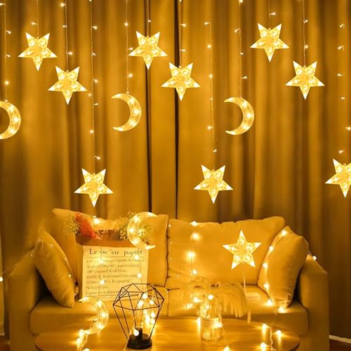 Lichterketten Vorhang Innen, Lichtervorhang 3M LED Lichterkette Stern Mond Lichterkette Vorhang, Ramadan Deko Lichtervorhang Warmweiß Für Weihnachten Hochzeit Party Wand Schlafzimmer Deko (Warm)