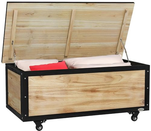 Outsunny Panca Contenitore da 121L con 4 Rotelle e Maniglie, Contenitore da Giardino in Legno, 100x50x43cm, Colore Legno