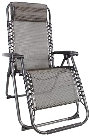 Spetebo Relaxsessel mit Kopfkissen aus Textil Gewebe 175 x 65 cm - grau-braun - Gartenstuhl mit Verstellbarer Rückenlehne und Fußteil - Sonnenliege Hochlehner Gartenliege Liegestuhl klappbar