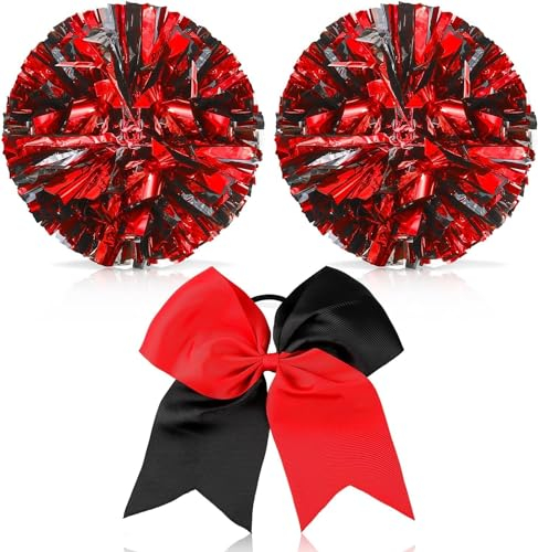 Theaque Cheerleader Pompons und Große Cheerleader Haarschleife für Mädchen 12 Zoll Metallic Cheerleader Pompons für Sport, Teamgeist, Anfeuerung (rot und schwarz gemischt)