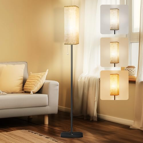 Floor Lamp for Living Room, Floor Standing Lamp with Pull Chain Control, 3 Color Temperatures 2700k-6500k Tall Lamp, LED Stand Lamp with Linen Shade for Living Room, Kids Room, Bedroom, Office Reading