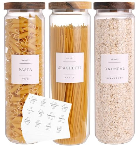 CZZGSM 3 Set Glass Storage Jars with Acacia Airtight Lid - 50oz Thick Glass Kitchen Canisters with 132 Pantry Cabinets - Tall Food Storage Containers with Wooden Lid for Pasta, Spaghetti Cereals