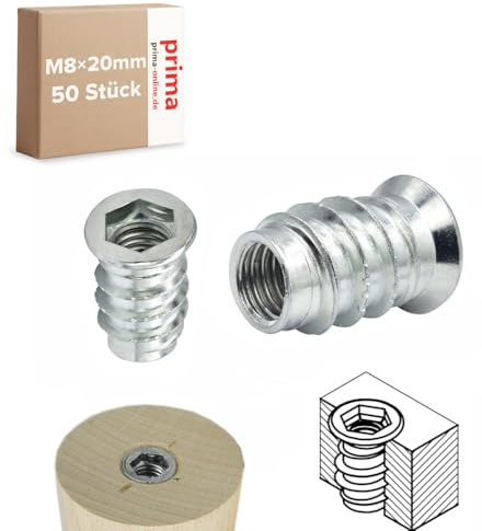 Einschraubmutter M8 x 20 mm – Einschraubmuffen/Eindrehmuffen aus verzinktem Stahl – Innengewinde für Holzbau & Möbelbau (50 Stück)