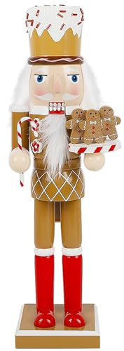 Joliyoou Figuras de cascanueces de Navidad, cascanueces de madera de 14 pulgadas, chef de postre sosteniendo hombres de jengibre, adorno grande de mesa de Navidad, centros de mesa, decoraciones de