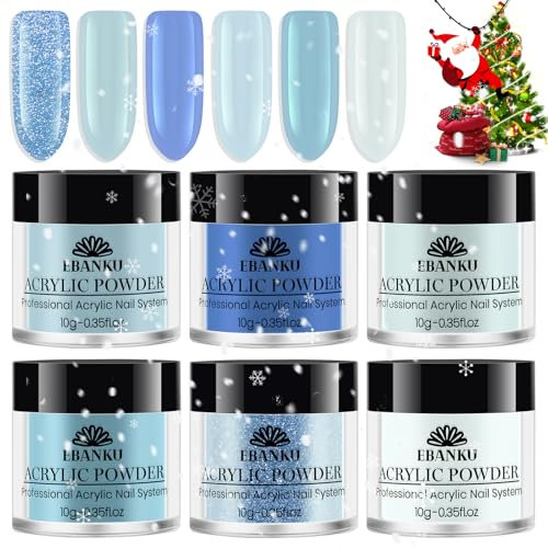 EBANKU 6PCS Weihnachten Acryl-Pulver Set Blau für Nagelverlängerung, langlebig, keine Nagellampe nötig