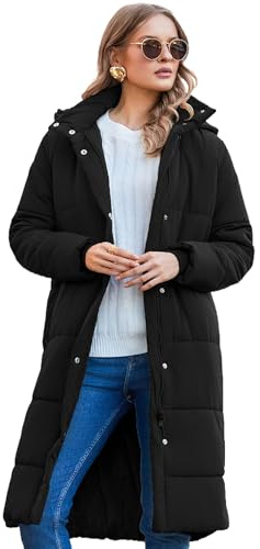 Zeagoo Damvinterkappa, varm jacka, lång utomhusjacka med huva, quiltad kappa, vinterkappa, parkas, svart, XXL