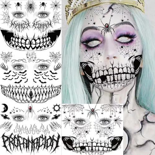 4 Tatouages temporaires Halloween visage effrayant Tatouage adhésif Fausse blessure Cicatrice Sorcière Maquillage Zombie Maquillage Toile d'araignée Tatouage Visage Autocollants