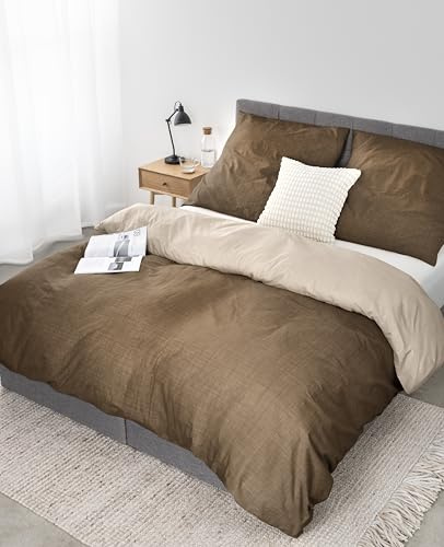 lionto dibea Renforcé-Wendebettwäsche aus 100% Baumwolle, 135x200 cm, Kissenbezug 80x80 cm, 2-teilige Bettwäsche zu jeder Jahreszeit, pflegeleicht und formstabil, inkl. Oeko-TEX Zertifikat, braun