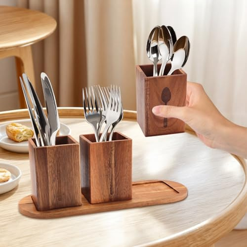 KüChenutensilienhalter Mit 4 FäChern,Utensil Organizer Mit Drainageboden Aus Holz,KüChenutensilien Mit Abnehmbarer Ablage,Aufbewahrung Von Gabeln, LöFfeln Und Tischmessern FüR Die KüChentheke Braun