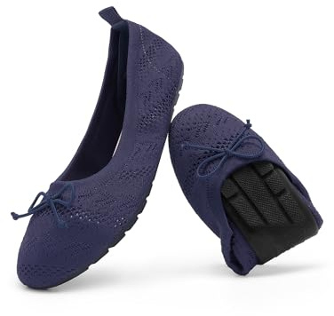 DREAM PAIRS Damen-Ballerinas, Faltbare Ballerinas für Frauen, Bequeme, leichte Schlupfschuhe aus Strick mit Schleife und runder Zehenpartie,Size 38,Marine,DWUMFA2502