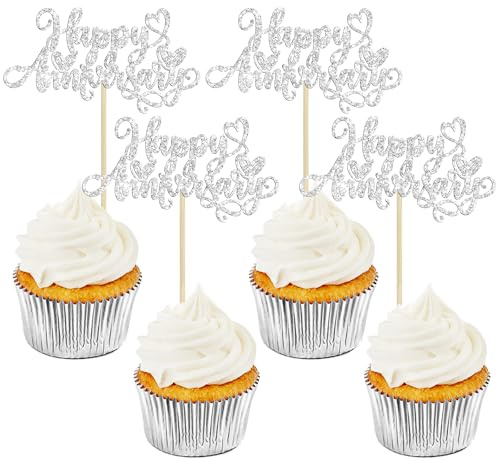 Ephlyn 24Pcs Happy Anniversary Cupcake Toppers Glitter Wedding Anniversary Cupcake Pick Decorations Baby Shower Birthday Wedding Anniversary Party Cake Decorations Supplies Silver