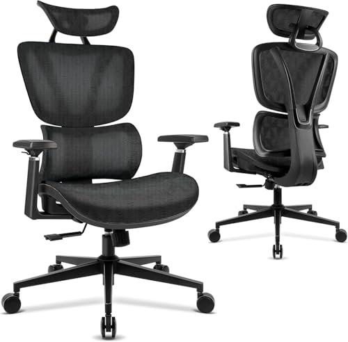 Kidsbuddy Bürostuhl Ergonomisch,Schreibtischstuhl aus Mesh mit Lendenwirbelstütze,Verstellbarer 3D Armlehnen,Kopfstütze,Höhenverstellung,Wippfunktion，90°-135°Computerstuhl,Chefsessel aus Mesh，Schwarz
