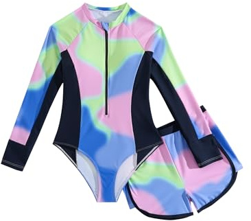 JiAmy Girls Swimsuit Two Piece Tie-dye Set, UV Sun Protection Long Sleeve Rash Guard One Piece with Shorts Tween Swimming Costume for 10 Years, Bright Green (Tag:10Y)